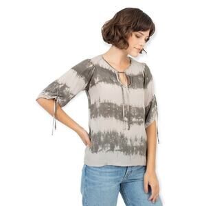 Parker | XS | Putty and Olive 100% Silk Tie Dye Short Sleeve Keyhole Top Blouse